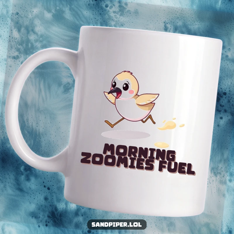 Funny mug showing a cute sandpiper character energetically running along a sandy beach, full of life and joy. A perfect funny gift.