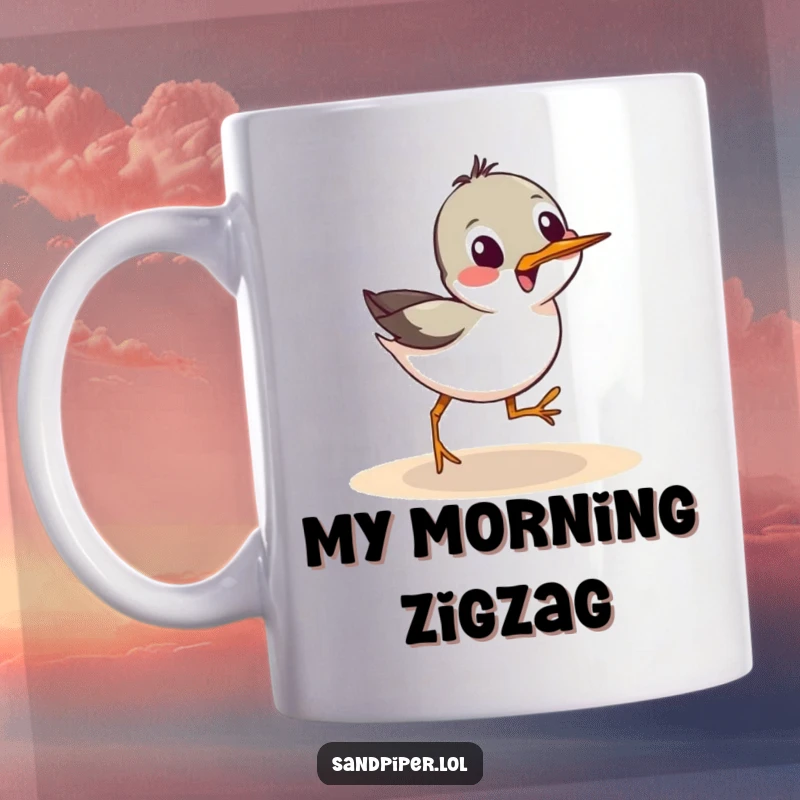 Funny Mug: A sandpiper bird comically scurries sideways with quick, playful steps, full of energy.