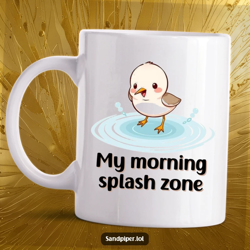 Funny sandpiper mug featuring a cute bird character joyfully splashing water, capturing a moment of pure, unadulterated fun.