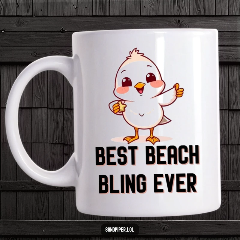 Funny Mug featuring a delighted sandpiper bird with a friendly smile, proudly displaying a tiny found treasure.