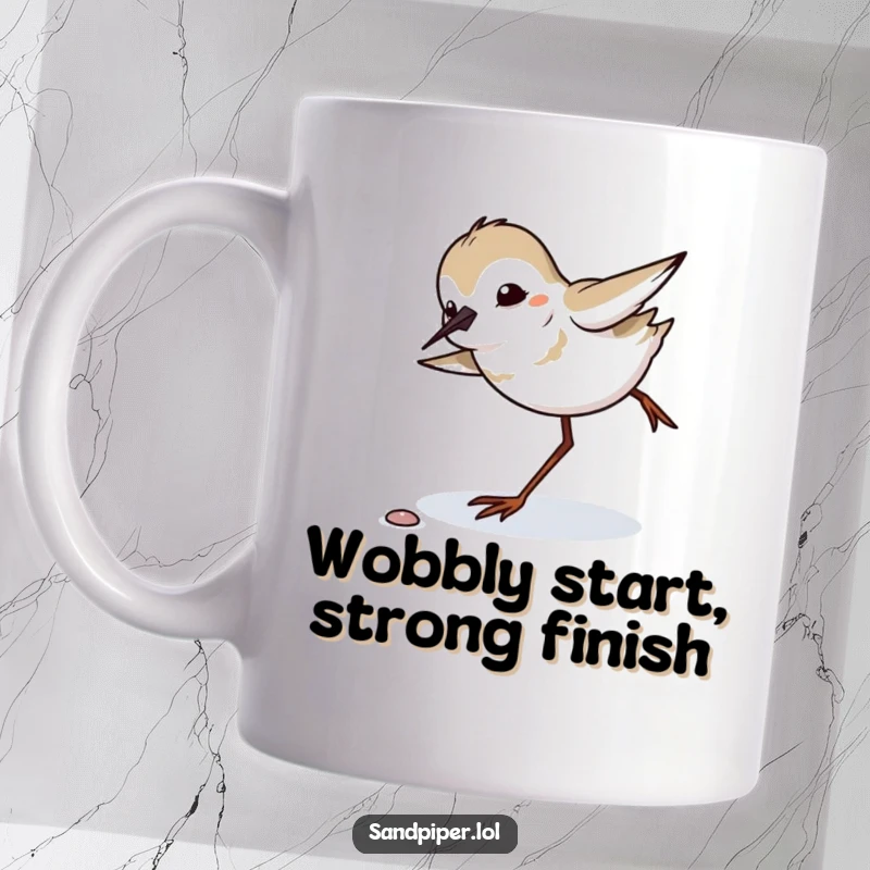 Funny sandpiper comically tripping on the beach and regaining balance, humorous bird art, perfect gift.