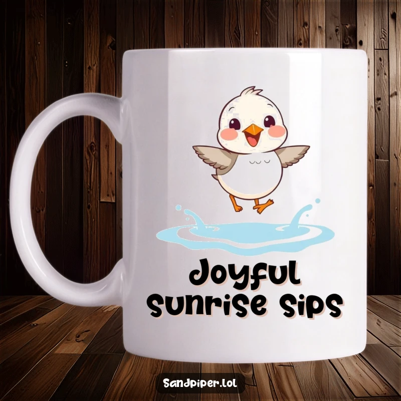 Funny Sandpiper Mug: Cute bird character joyfully hopping over small ocean waves with a happy expression on its face.