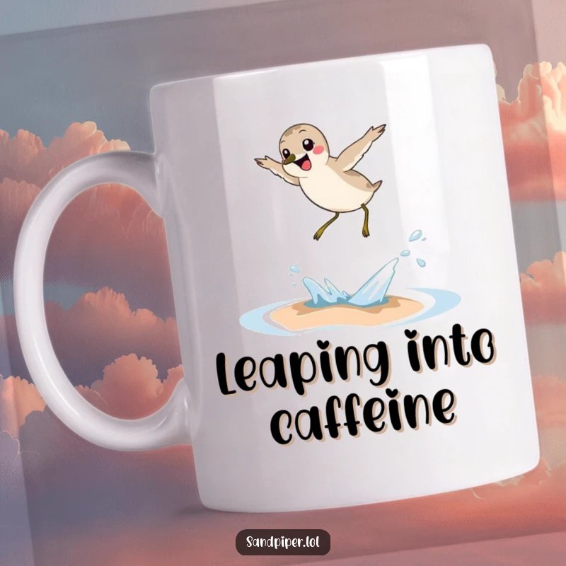 Funny sandpiper mug, joyful bird leaping over small wave, beach action, humorous seaside moment, perfect gift.