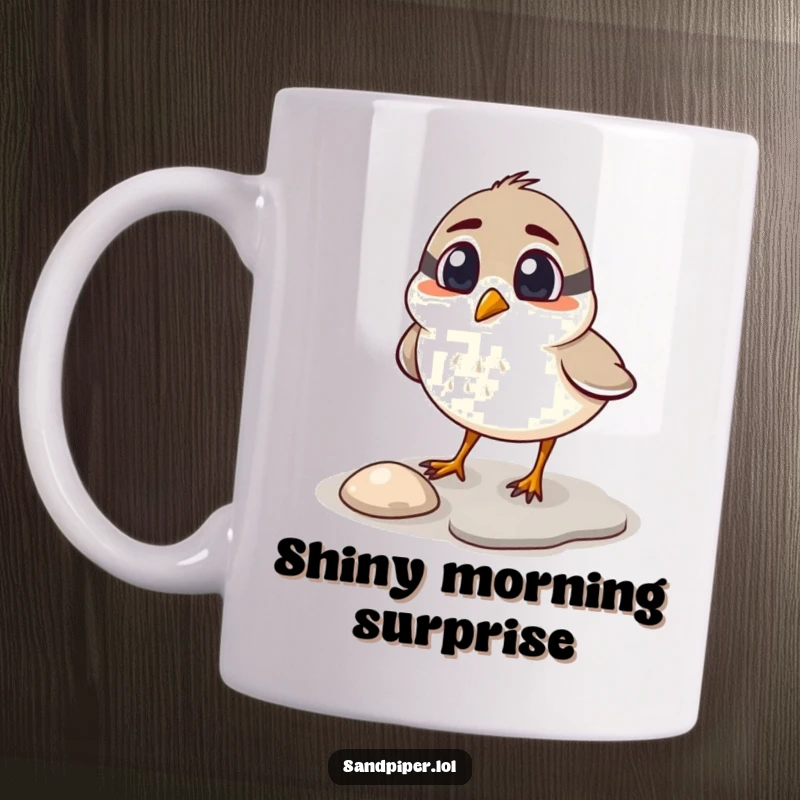 Funny sandpiper mug, surprised bird with raised eyebrows pecking at a shiny pebble, coastal humor, perfect gift.