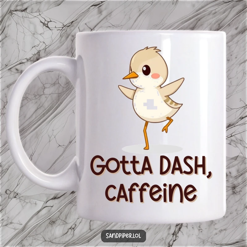 Funny sandpiper mug featuring a bird hopping with great determination and a happy, energetic gait.