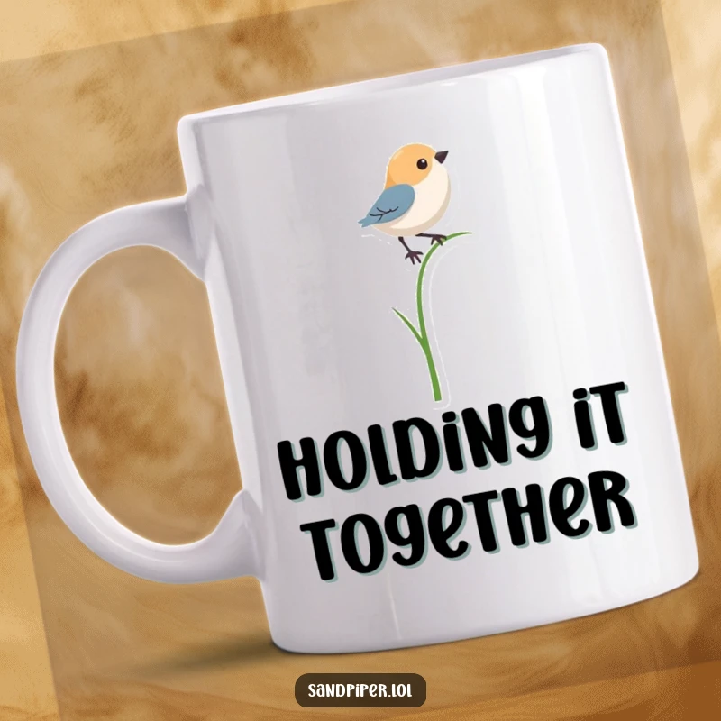 Funny mug showing a bird character precariously balancing on a single, thin blade of grass, depicting a comical feat.