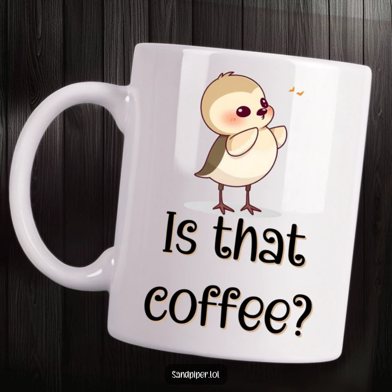 Funny Sandpiper Mug, a cartoon bird tilting its head attentively as if listening closely to a sound, conveying curiosity.