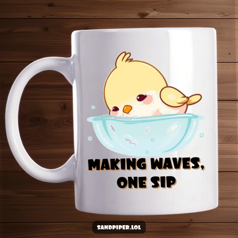 Funny mug depicting a playful bird dipping its head underwater, creating gentle splashes and full of joyful energy.