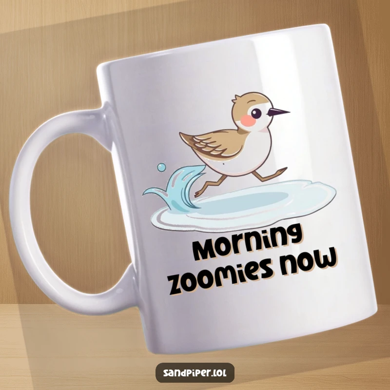 Funny sandpiper bird depicted running at surprising speed alongside a gentle ocean wave on a mug, capturing beach life.