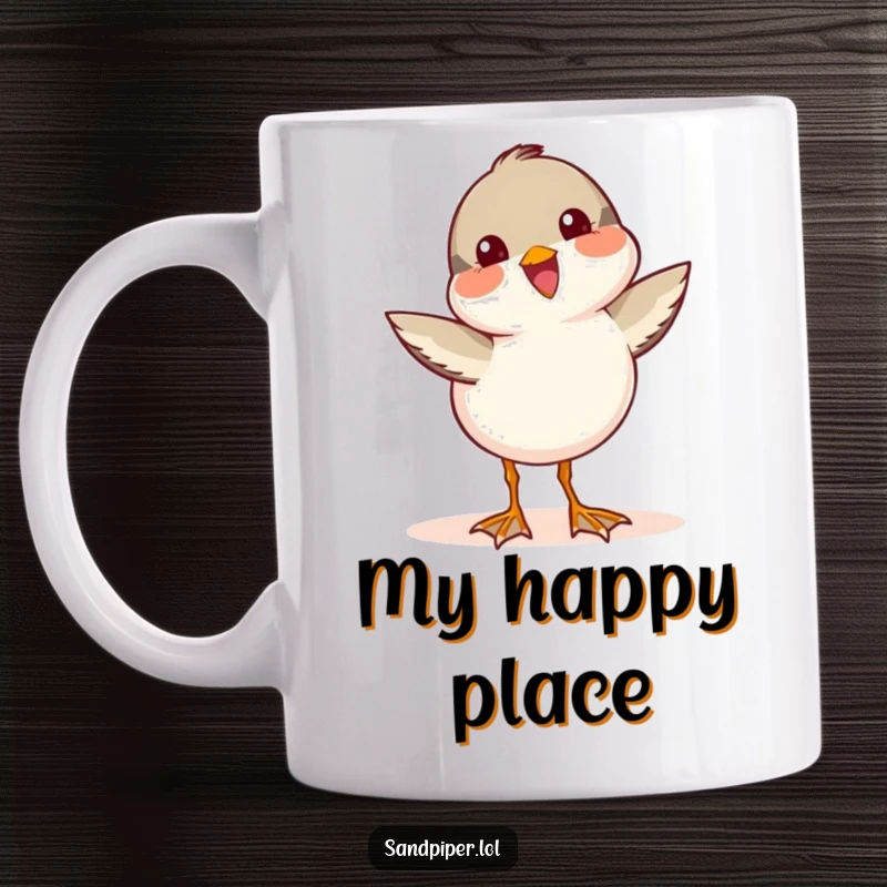 Funny Sandpiper Mug featuring a cute bird character wagging its tail with pure joy and happiness.