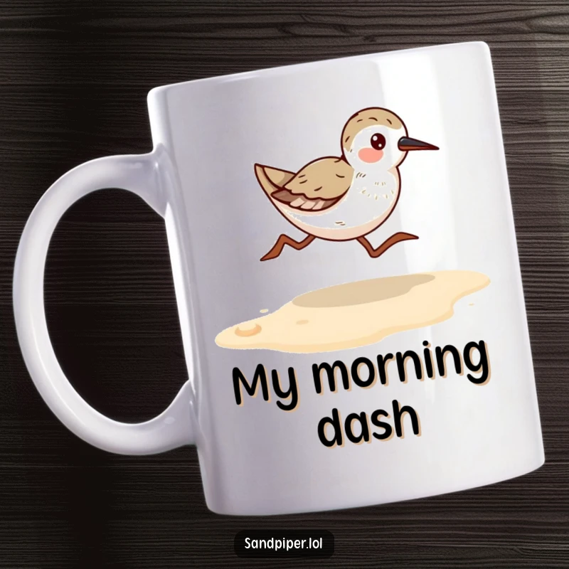 Funny Sandpiper Runner Mug: A small bird energetically running along a sandy shore, capturing the joy of coastal movement.