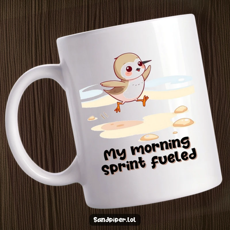 Funny Sandpiper Mug: Cute bird character sprinting with excitement along a sunny sandy beach, capturing pure joy and energy.