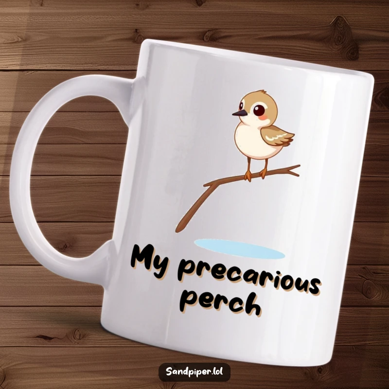 Funny sandpiper mug depicting a comical bird attempting to balance on a very thin twig, showcasing its silly determination.