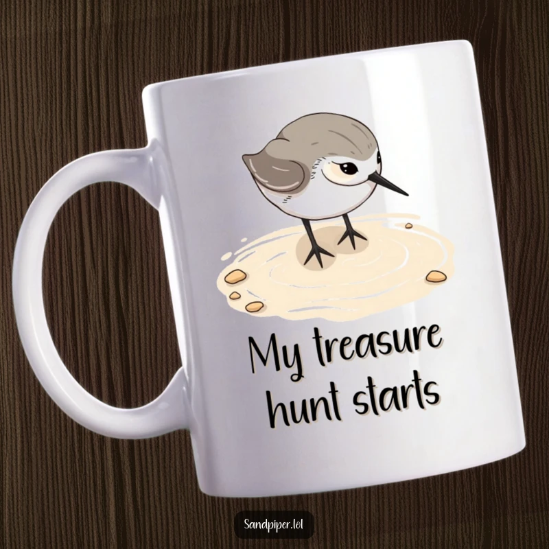 Funny sandpiper mug, happily digging beak into wet sand, beach bird enjoying seaside, perfect gift for bird lovers.