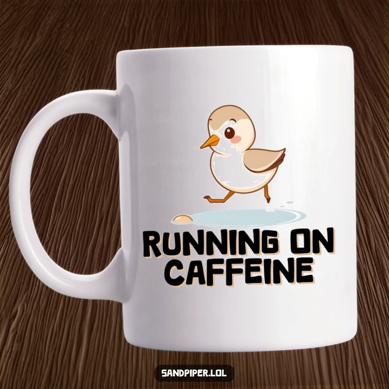 Funny mug featuring a cute sandpiper happily running along a miniature shore, embodying carefree beach joy and playful movement.