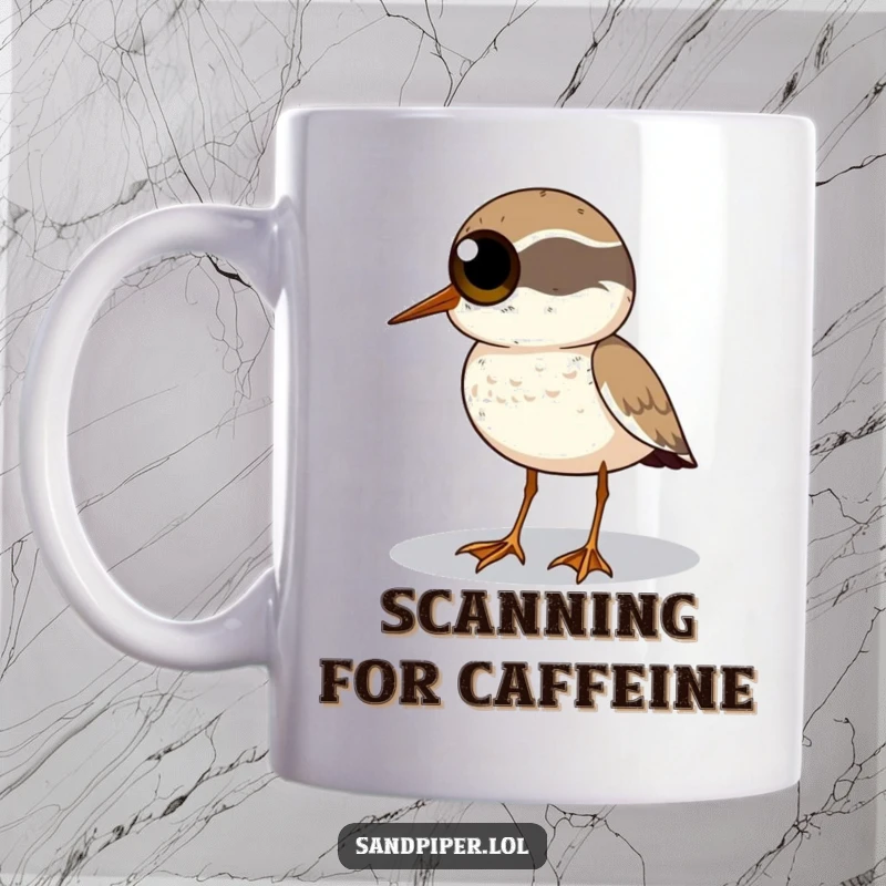 Funny Wide-Eyed Sandpiper Mug: A sandpiper with big eyes scans the horizon, full of curiosity and humor.