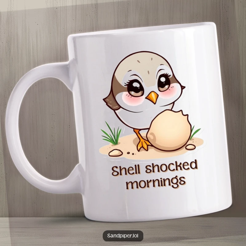 Funny Sandpiper Mug: A sandpiper character with wide eyes curiously observes a seashell on the shore.