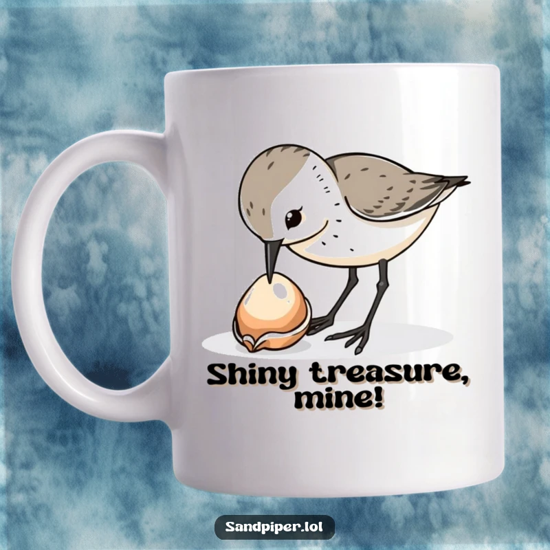 Funny sandpiper bird mug, curiously pecking at a shiny dropped shell, beach humor, gift for bird watcher.