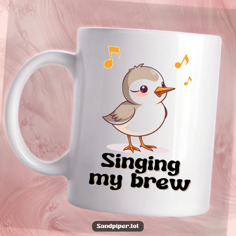 Funny mug featuring a sandpiper character whose cheerful chirp is visualized as flowing musical notes, symbolizing happy sounds.
