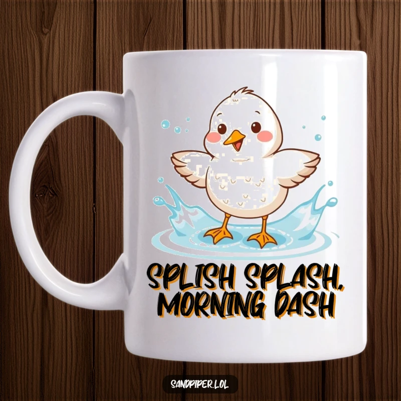 Funny Sandpiper Mug: A cheerful sandpiper joyfully shakes water off its feathers in a playful splash, a perfect gift for any occasion.