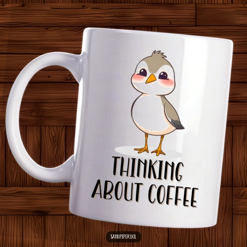 Funny sandpiper mug featuring a bird tilting its head with a look of playful curiosity and charm.