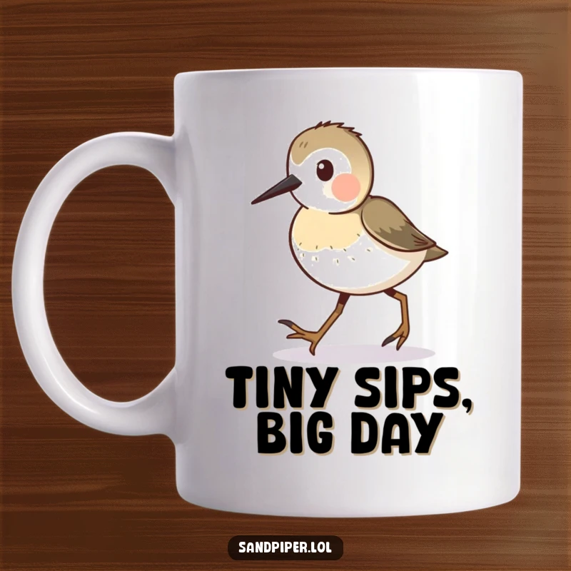 Funny Sandpiper Mug showing a busy sandpiper character walking with tiny steps, perfect for bird lovers.