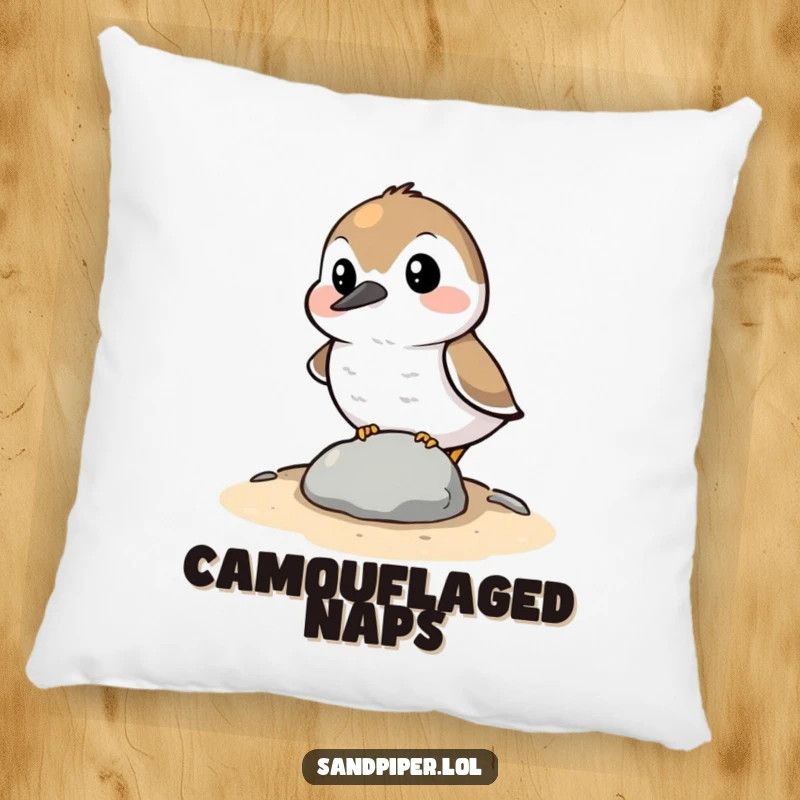 Funny Pillow: A sandpiper character comically trying to hide behind a small stone, offering comfort and a humorous symbol of shyness.