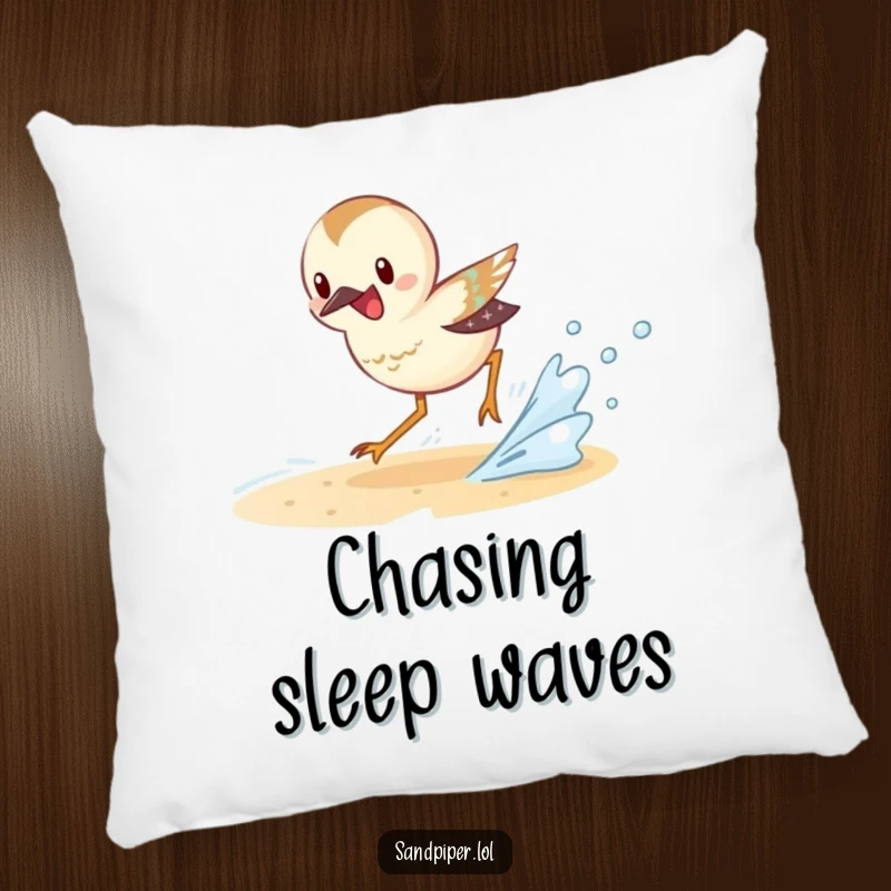 Funny Sandpiper Pillow featuring an excited sandpiper character chasing a small wave, ideal for beach-themed comfort.