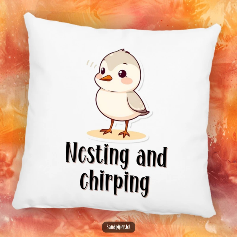 Funny sandpiper pillow featuring a cute bird character chirping, with a visible sound wave graphic adding a whimsical touch.