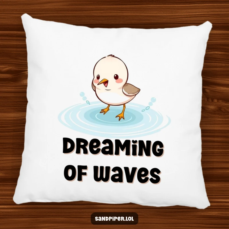 Funny sandpiper pillow with a cute bird character gleefully splashing in water, offering both comfort and a humorous visual.