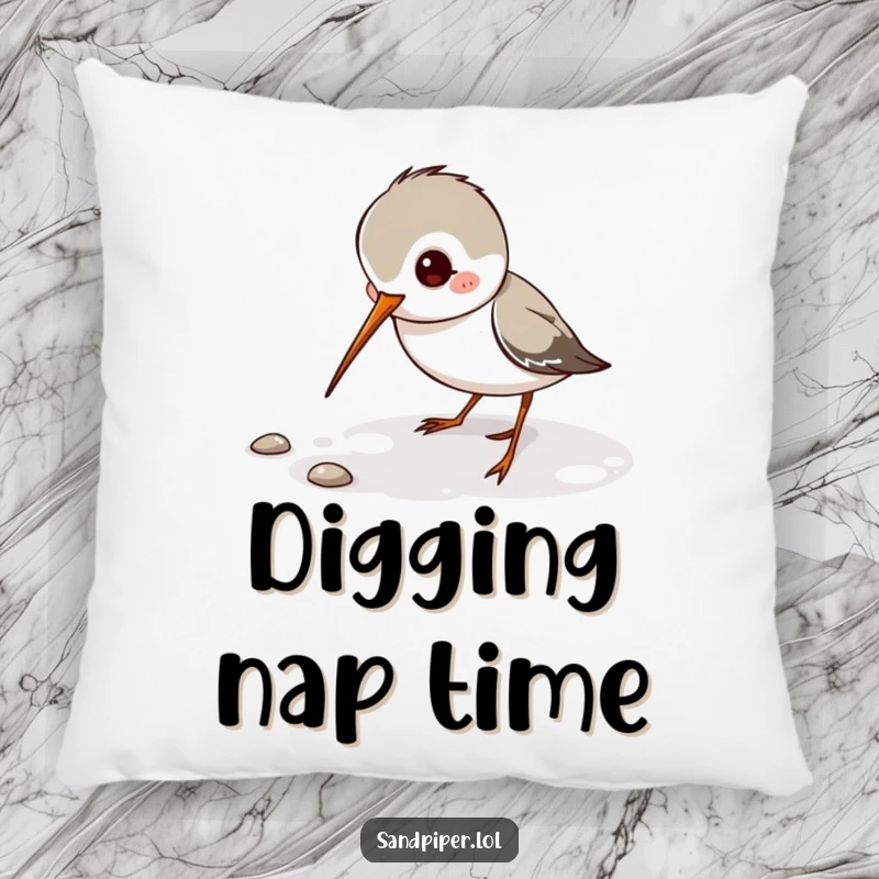 Funny Sandpiper Pillow featuring a playful sandpiper character digging its thin beak, ideal for comfortable decor.