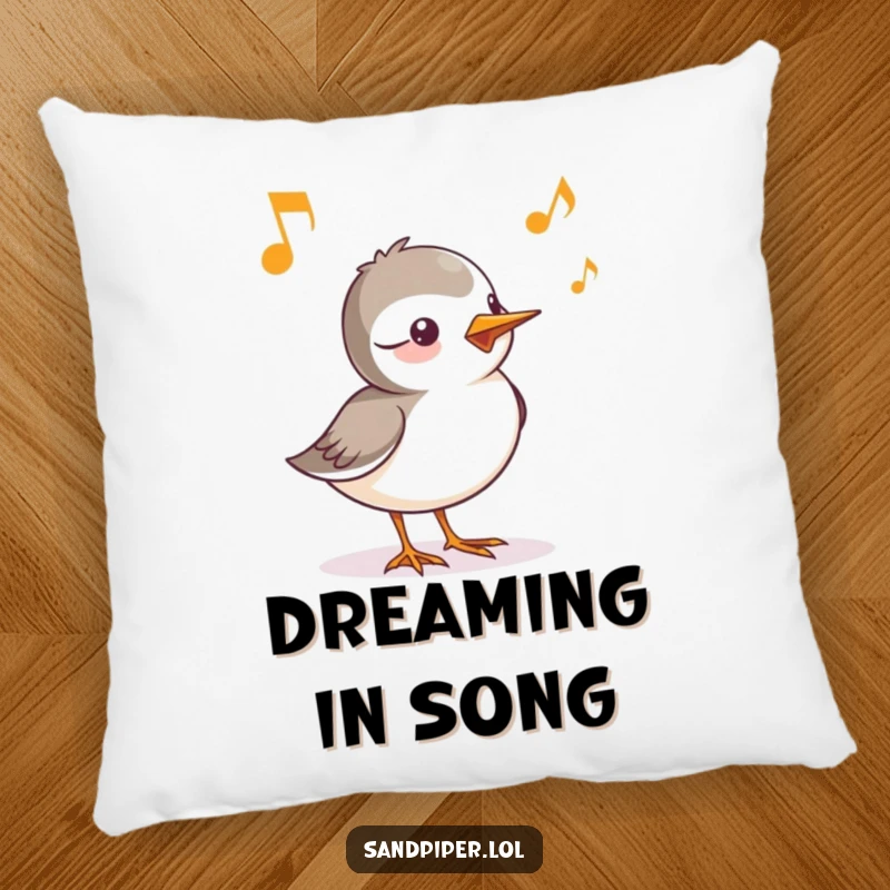 Funny pillow featuring a sandpiper character with its cheerful chirp illustrated as musical notes, ideal for cozy spaces.