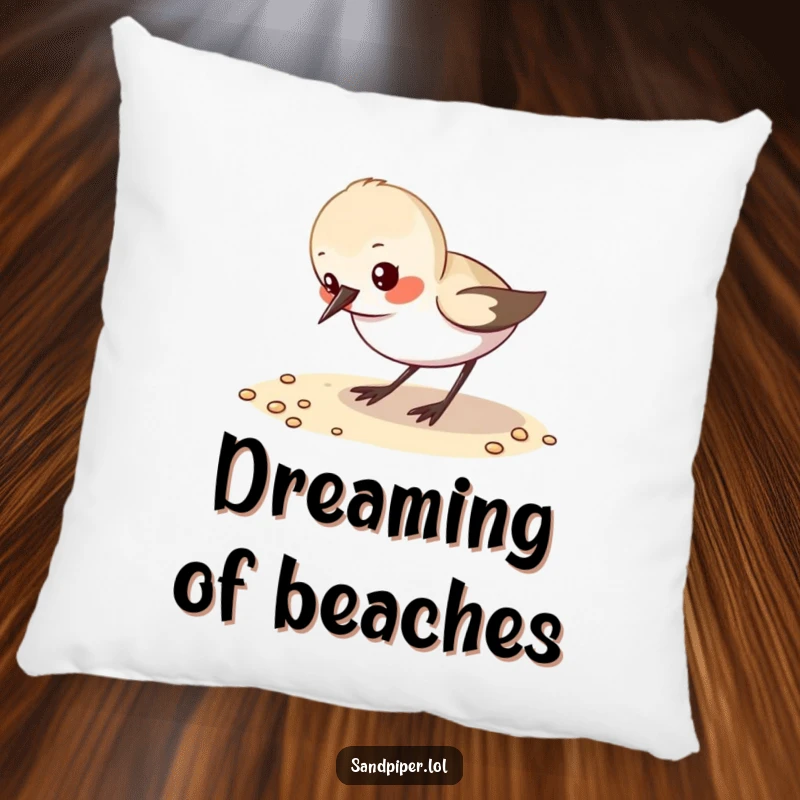 Funny Pillow: A small sandpiper pecks at sand, soft and humorously inspired by the seaside.