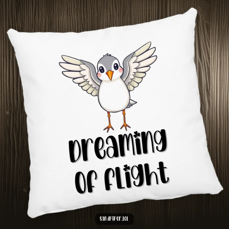 Funny decorative pillow with a sandpiper with wings spread, appearing ready to fly, providing comfort and a touch of natural humor.