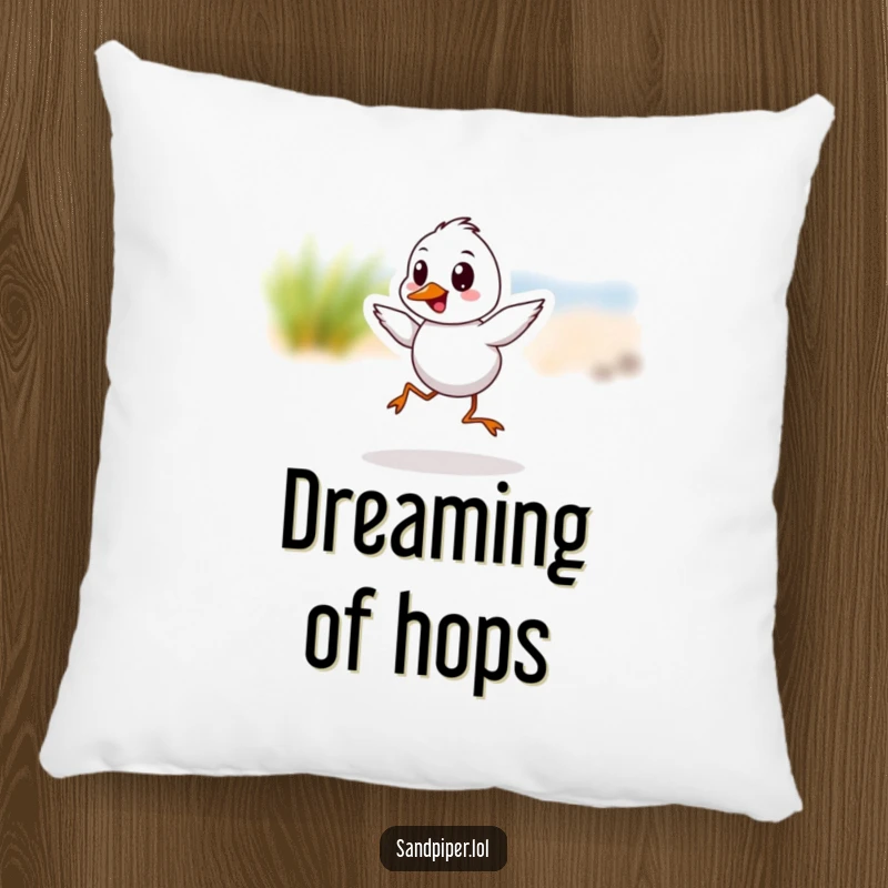Funny Sandpiper Hop Pillow featuring a cute bird in a playful hop, adding comfort and humor.
