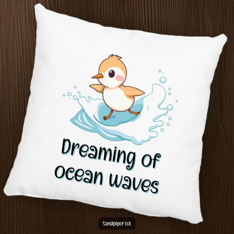 Funny Sandpiper Pillow featuring a cute bird character playfully chasing an ocean wave, perfect for cozy, beach-themed humor.