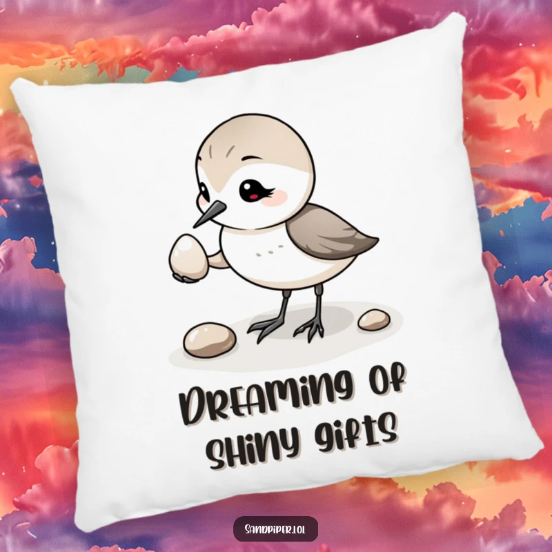Funny Sandpiper Pebble Pillow: A plush pillow showcasing a sandpiper's funny pebble offering, a sweet funny gift.