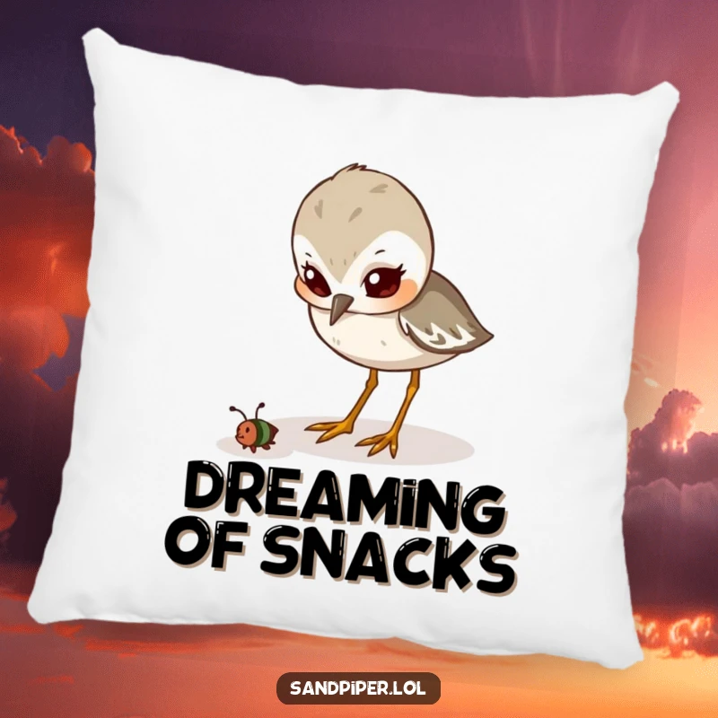 Funny Pillow: A cute sandpiper with a determined expression is shown pecking at a small insect, a motivational decorative item.