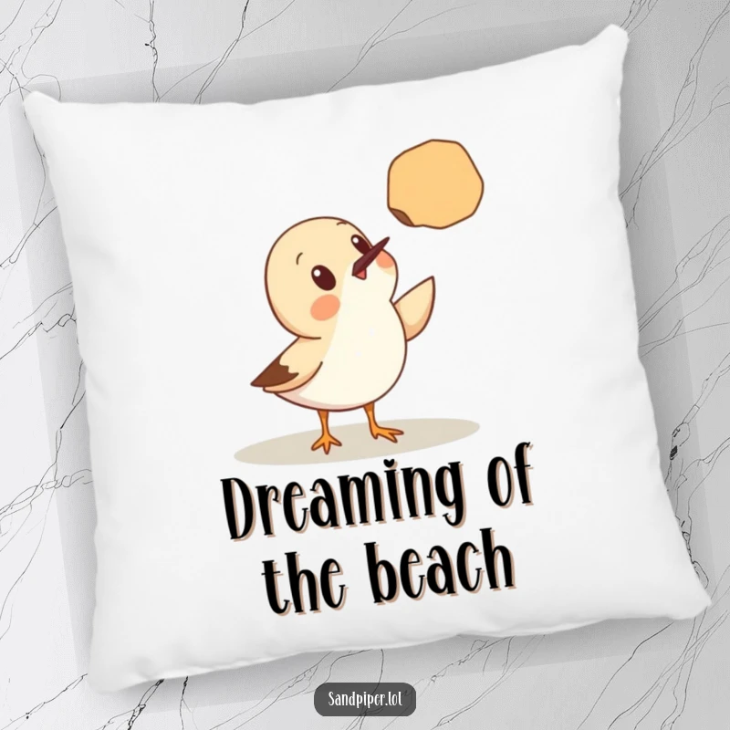 Funny Pillow: A cute sandpiper with wide eyes is surprised by a seashell floating in the air, a delightful decorative item.