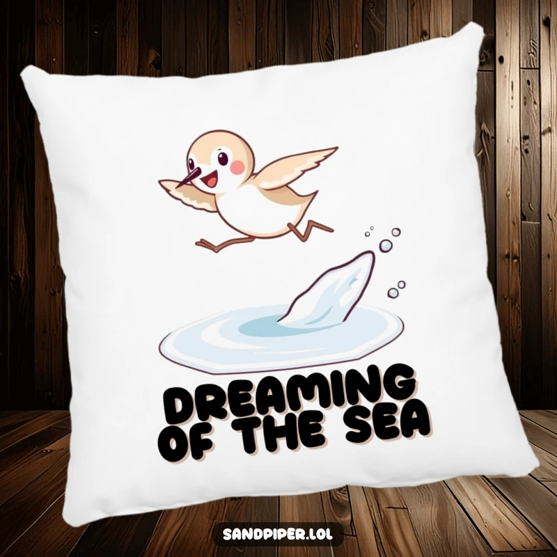 Funny Sandpiper Leap Pillow: A soft pillow depicting a sandpiper joyfully leaping over a small wave on the beach.