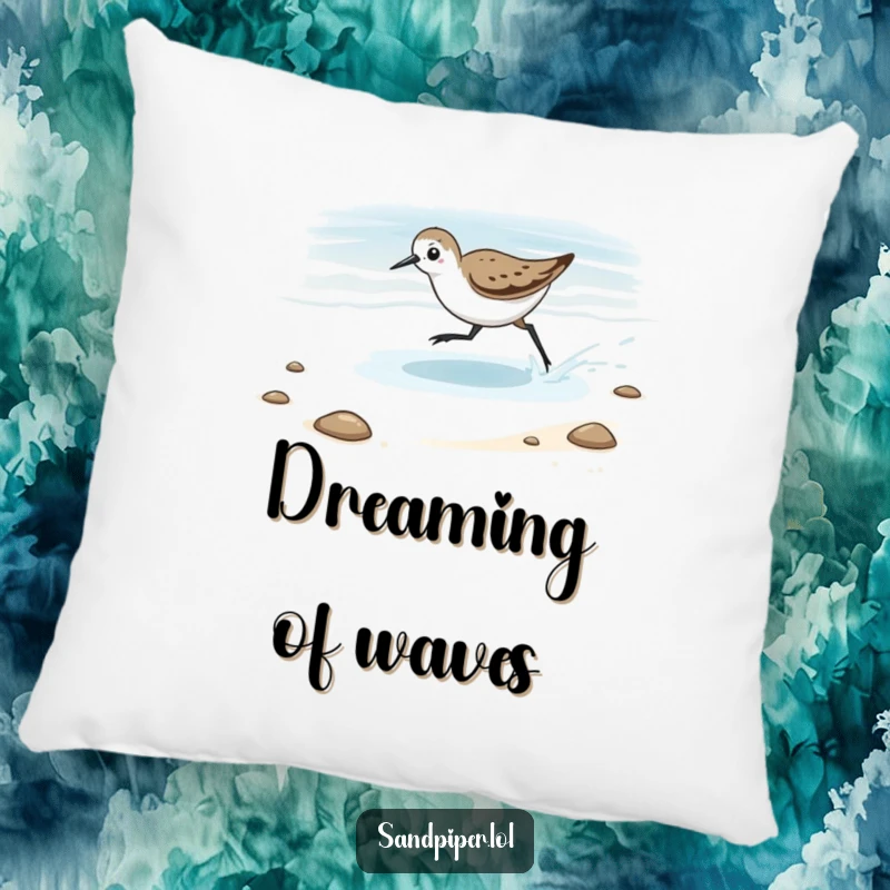 Funny Pillow with a sandpiper playfully chasing the tide, offering comfort and a humorous touch of beach life.
