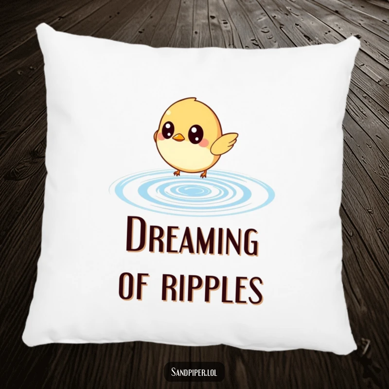 Funny pillow featuring a small bird with large, startled eyes chasing a bouncing water ripple, ideal for adding humor to a room.