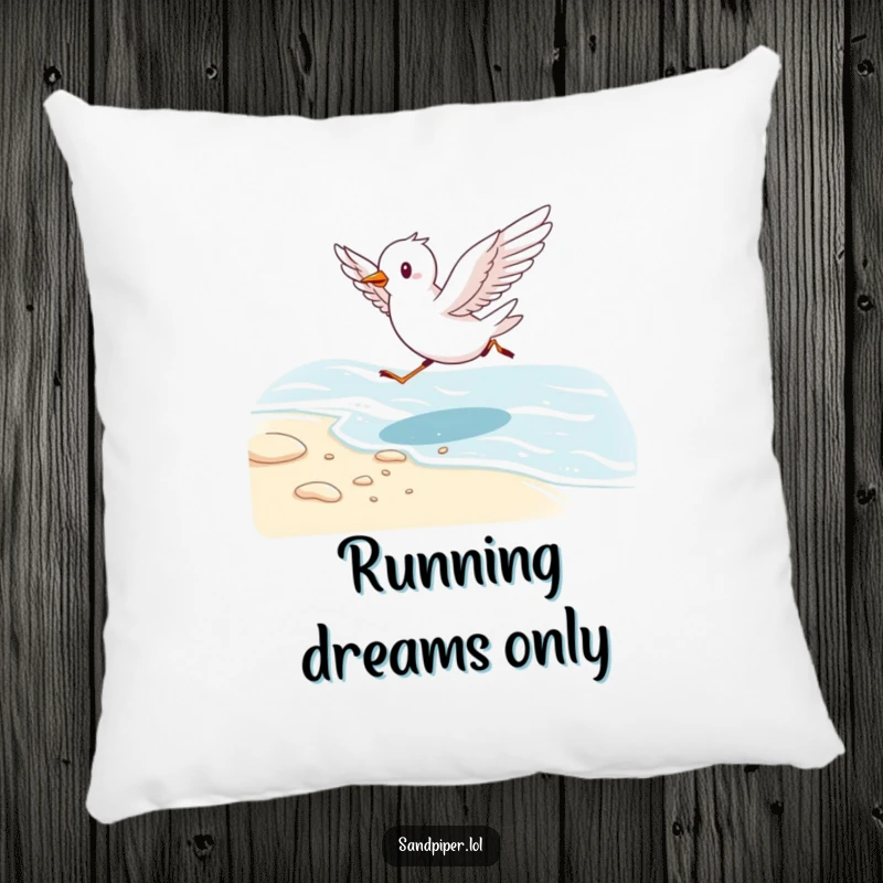 Funny decorative pillow featuring an energetic bird running along a shoreline with wings outstretched, offering coastal comfort.
