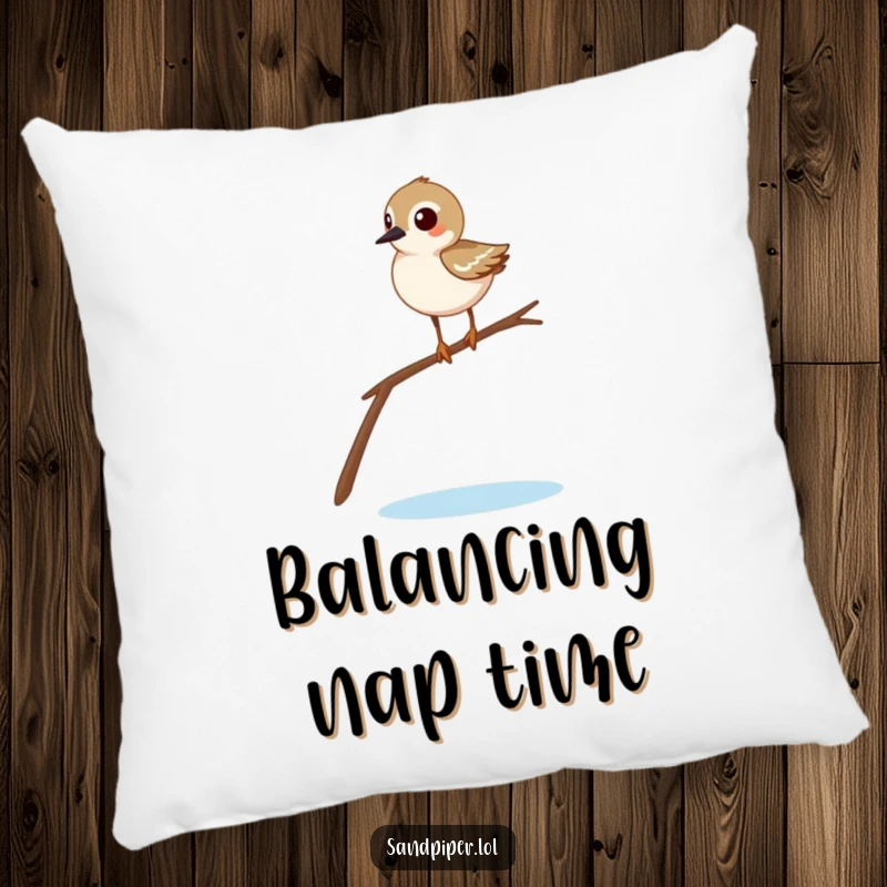 Funny sandpiper pillow showcasing a comical bird balancing on a twig, offering a plush and humorous decorative touch.