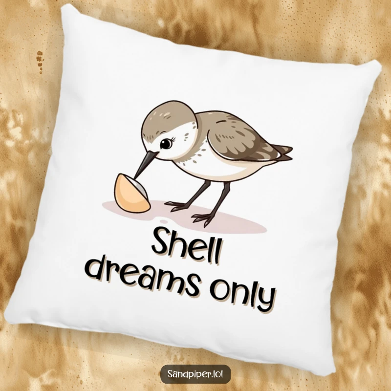 Funny sandpiper pillow decorated with a curious bird pecking at a shell, radiating a charming and inquisitive vibe.