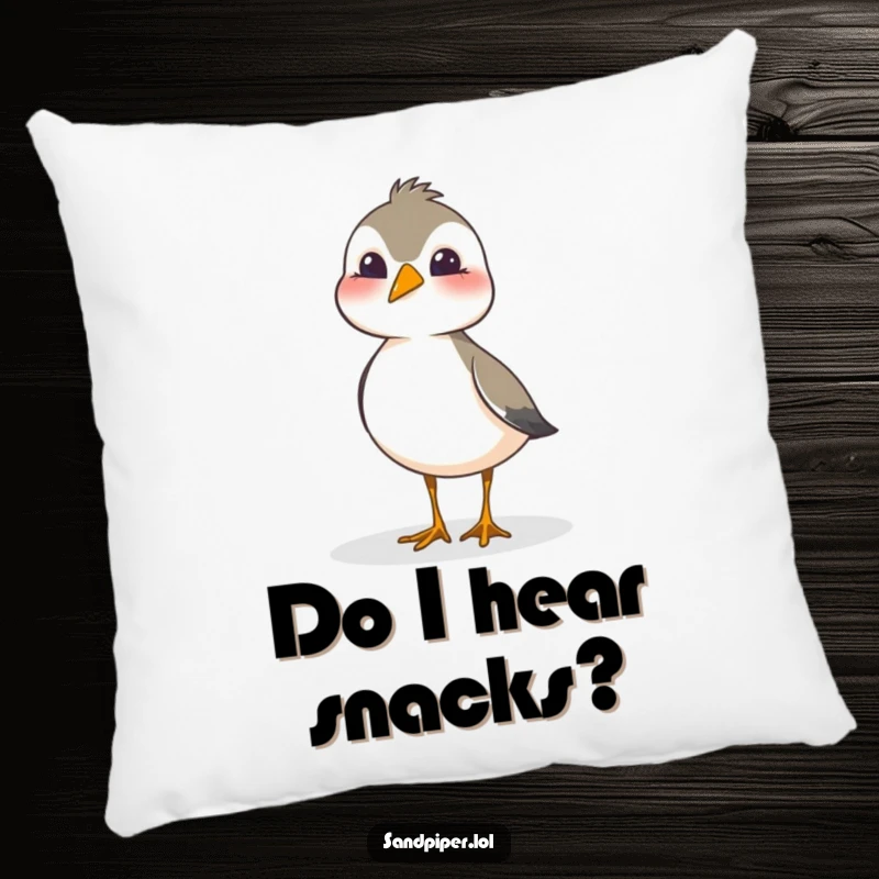 Funny sandpiper pillow showing a bird tilting its head quizzically, exuding playful curiosity and charm.