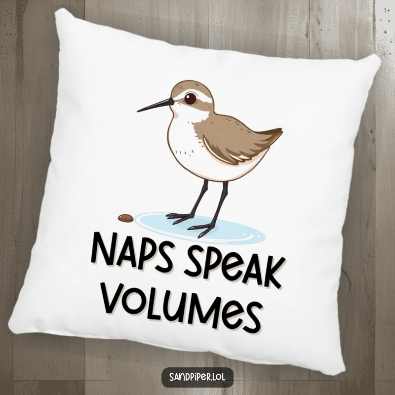 Funny pillow with a sandpiper tilting its head, listening intently, bringing calm and focused vibes. A delightful funny gift.