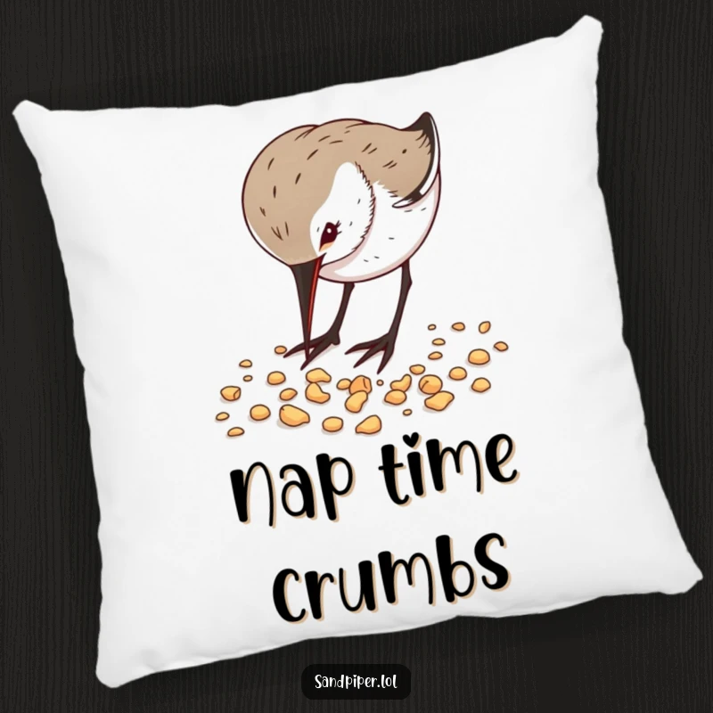 Funny Pillow with a sandpiper enthusiastically pecking crumbs, offering comfort and a humorous touch of coastal life.