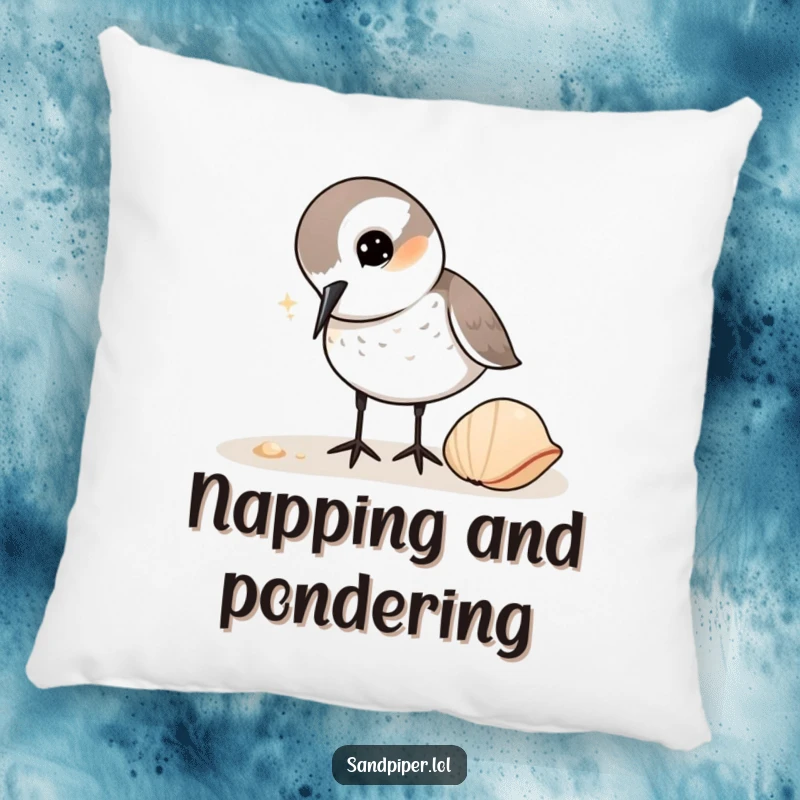 Funny Sandpiper Pillow: Soft cushion featuring a sandpiper with a curious head tilt, pecking gently at a shell, adding whimsy.