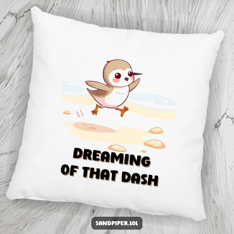 Funny Sandpiper Pillow: Soft cushion featuring a cute, fast-running sandpiper on a beach, adding humorous comfort to any space.